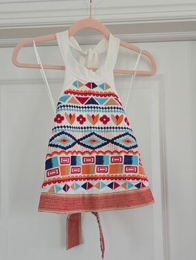 Altar'd State Cream Embroidered Halter Top with Bright Multicolor Stitching